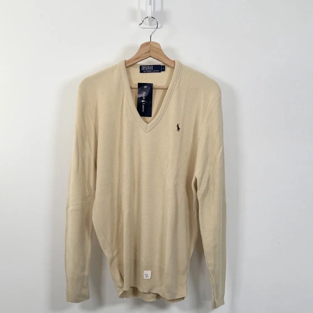 Vintage Polo Ralph Lauren V-Neck Sweater Mens XL Cream Acrylic USA 90s NOS NWT